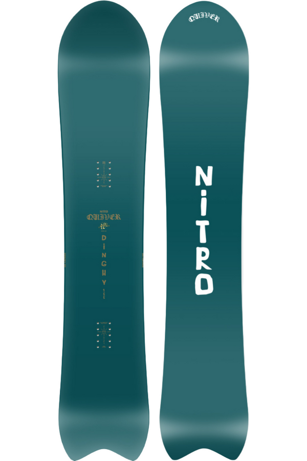 Teal snowboard with Nitro branding on a light gray background