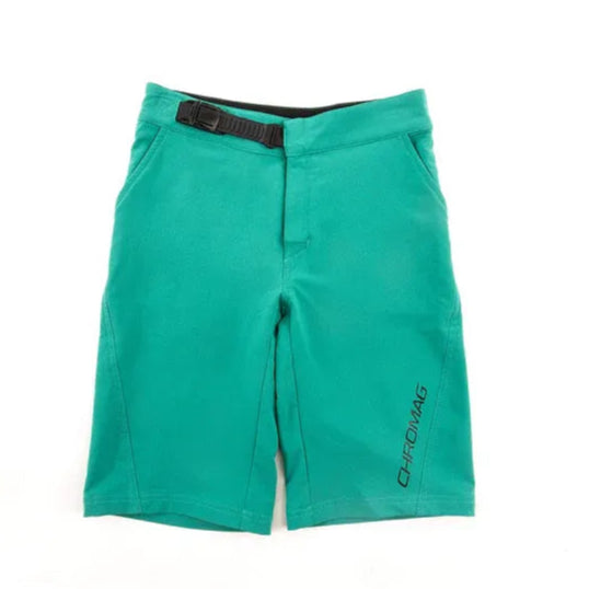 Teal shorts with a brand logo on a white background