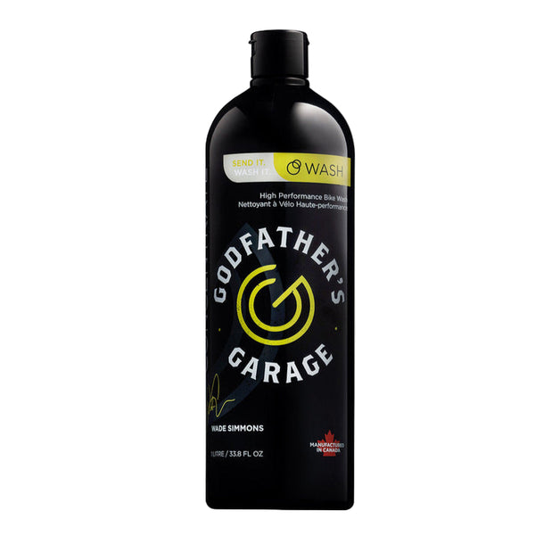 Black bottle of Godfather's Garage product on a white background