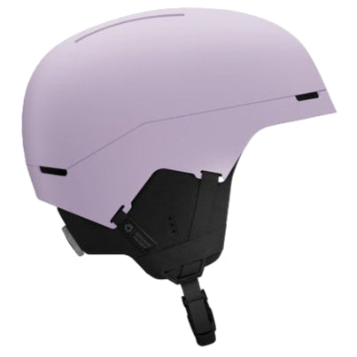 Purple helmet with black chin strap on a white background