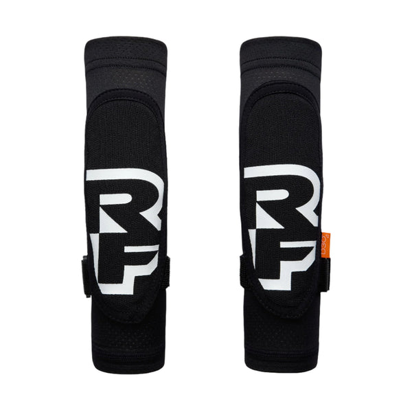 Pair of black knee pads with a logo on a white background