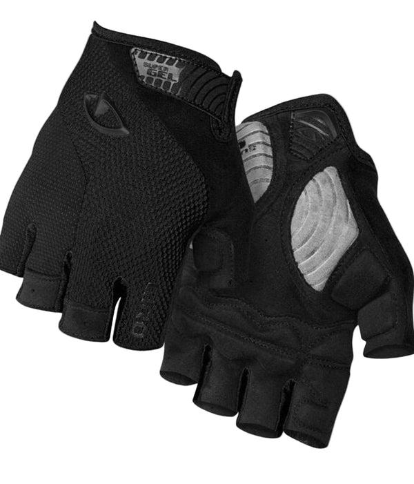 Black gloves with a textured palm on a white background