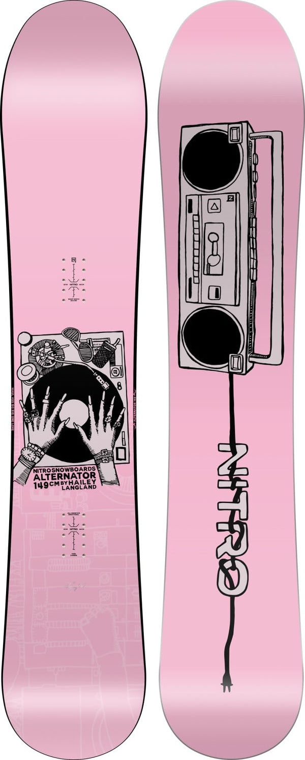 Pink snowboard with cassette tape design and 'Nitro' branding