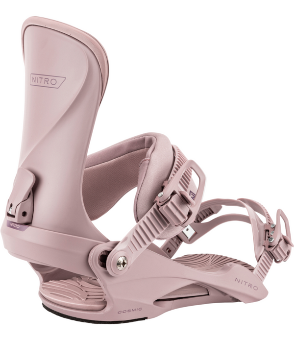 Pink snowboard binding with 'Nitro' branding on a white background