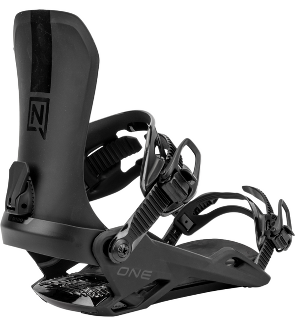Black snowboard binding with 'ONE' branding on a white background