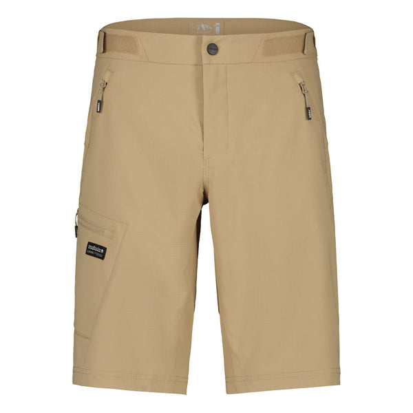 Beige shorts with multiple pockets and zippers on a white background