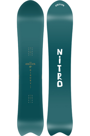 Teal snowboard with Nitro branding on a light gray background