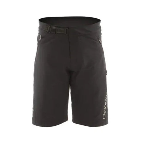 Black shorts with a brand logo on a white background