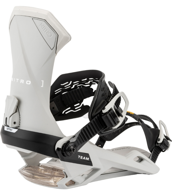 White snowboard binding with black straps on a white background
