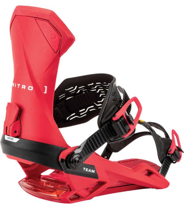 Red snowboard binding with black accents on a white background