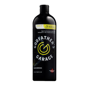 Black bottle of Godfather's Garage product on a white background