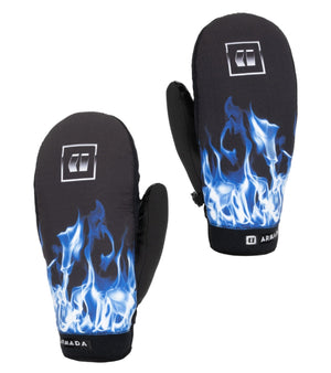 Black mittens with blue flame design on a white background