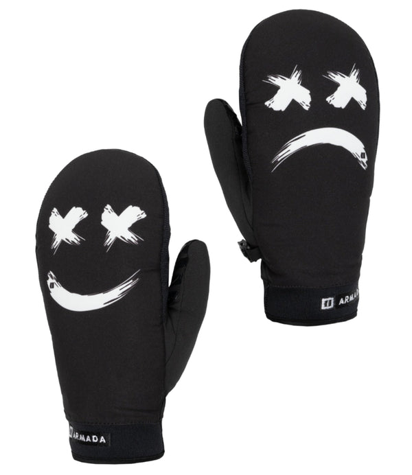 Black mittens with smiley face design on a white background