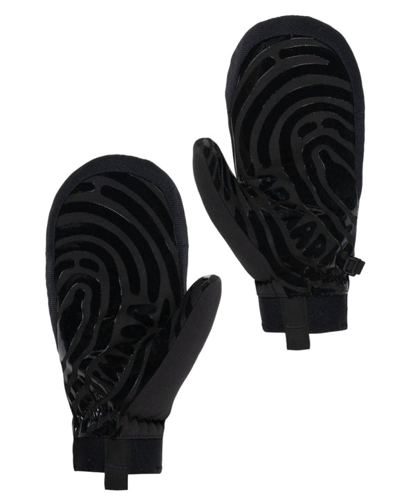 Black mittens with textured design on a white background