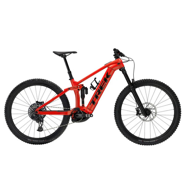 Red mountain bike with black components on a white background