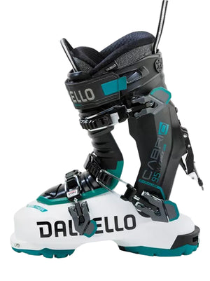 White and teal ski boot with black accents on a white background