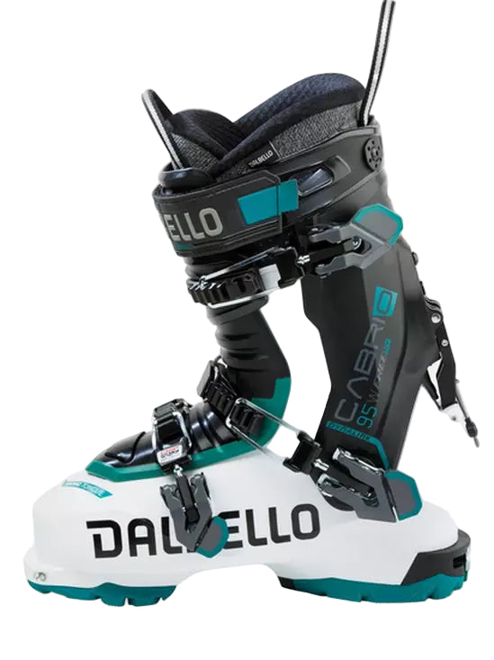 White and teal ski boot with black accents on a white background