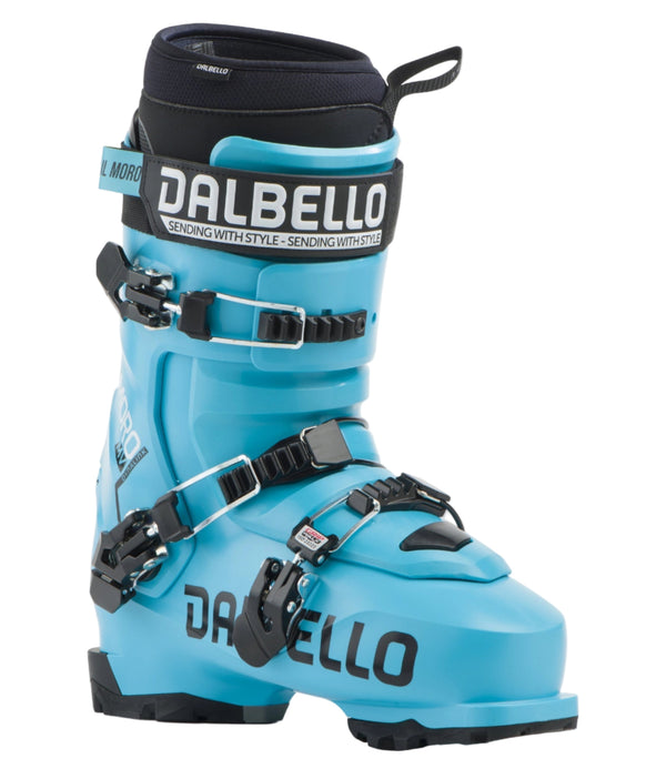 Blue ski boot with black straps and Dalbello branding on a white background
