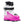 Pink and white ski boot with black accents on a white background