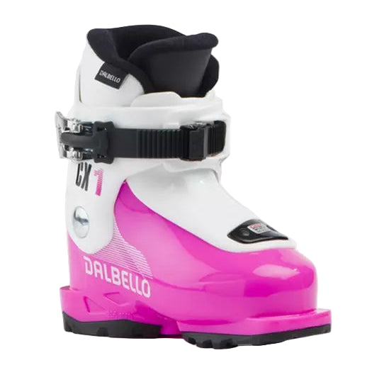 Pink and white ski boot with black accents on a white background