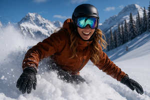 photorealistic image of a female snowboarder in deep powder with smile